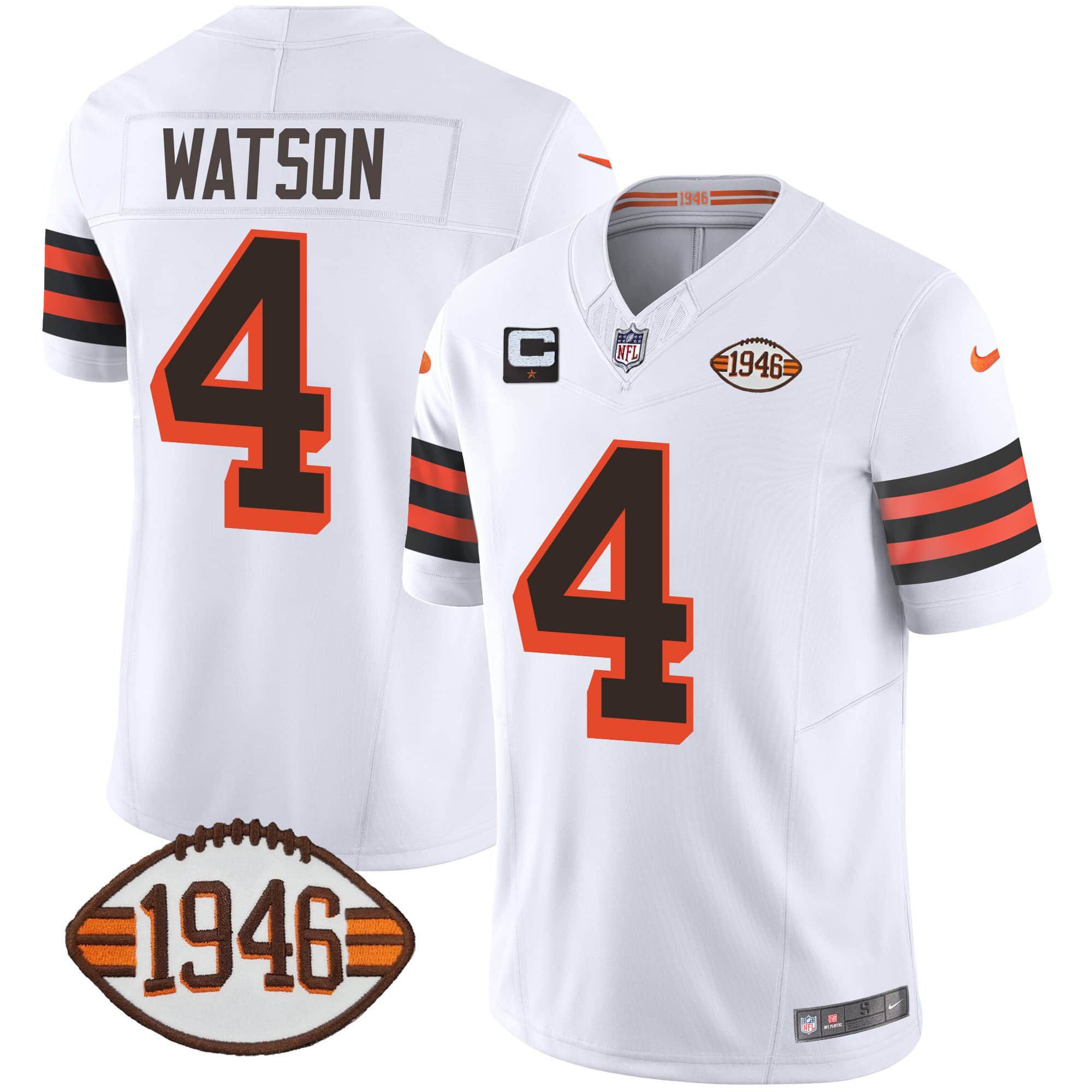 Men Cleveland Browns 4 Watson White 1946 75th Anniversary Patch 2024 Nike NFL Jersey